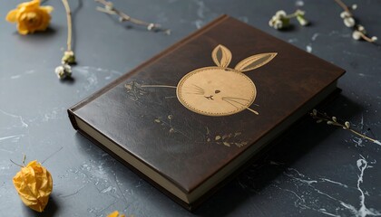 A dark brown leather-bound journal with a rabbit design