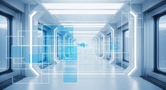 Futuristic glowing corridor with digital interface overlay, abstract technology background