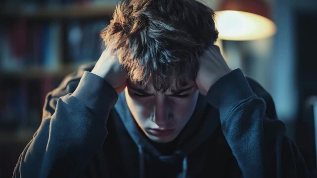 In a dimly lit room, a troubled school boy sits at his desk, overwhelmed by feelings of isolation. His hands grip his head in despair as he faces the harsh realities of cyberbullying.