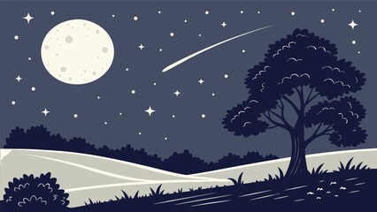 Serene Night Landscape with Moon, Shooting Star, and Silhouetted Tree © Moral