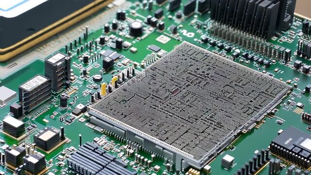 This close-up image showcases a detailed computer circuit board featuring a microprocessor and various electronic components, highlighting innovation in technology.
