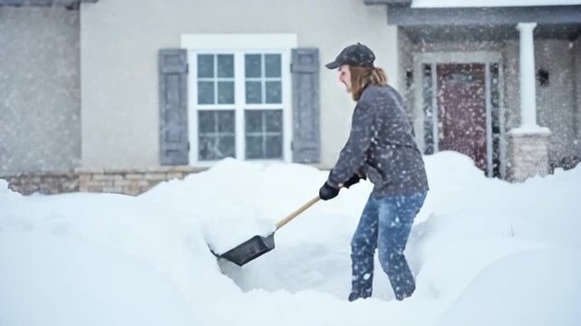 Cleaning snowdrifts near the house with a snow shovel.