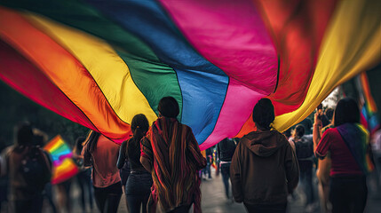 People holding rainbow flag at pride parade concept. People celebrating diversity with a vibrant rainbow flag display.