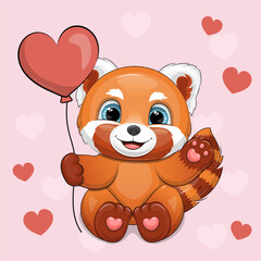 Cute cartoon Red Panda with heart shaped balloon. Vector illustration of an animal on a pink background with red hearts.