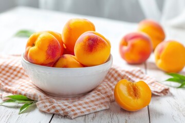 Still life of peaches A bowl overflowing with vibrant peaches sits on a checked cloth with loose peaches scattered on a weathered white table