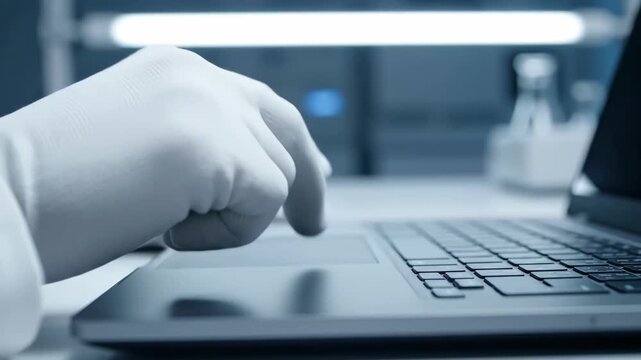 Close-up shot of a gloved hand operating a laptop computer in a lab setting, typing and interacting
