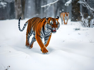 Obraz premium A striking tiger with vivid orange and black stripes stalks through a snowy forest, its powerful stride creating a path in the fresh powder