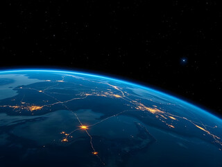 Fototapeta premium A stunning aerial view of Earth from space, showcasing a prominent curve of the planet with glowing city lights forming intricate networks across continents