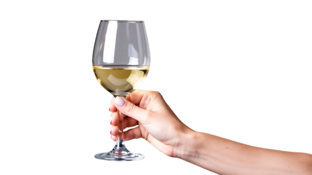 Female hand holding a glass of white wine isolated on transparent background