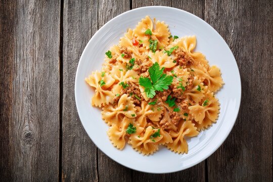 Pasta in white bowl with brown meat and parsley sprigs on a gray wooden table