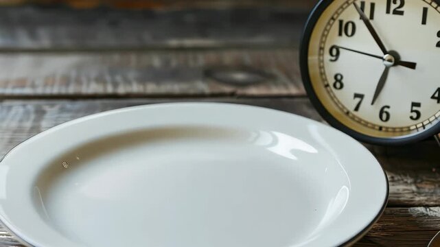 A classic clock sits beside an empty plate on a rustic wooden table, embodying the anticipation of meal preparation. Perfect for themes related to time, cooking, and dining.