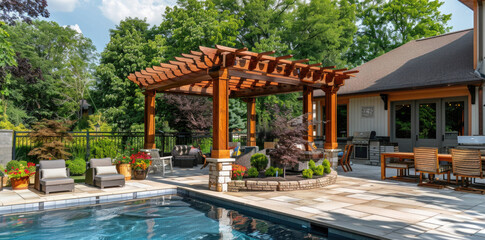 Obraz premium Elegant backyard with a swimming pool, wooden pergola, and cozy seating area amidst lush green trees