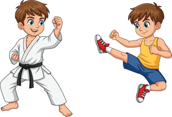 Cartoon boys doing martial arts, karate and kicking poses, children practicing self-defense, vector illustration of active kids, sports training, fighting stance animation