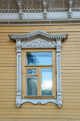 window with cut-out casings in a wooden house, Nizhny Novgorod, Russia