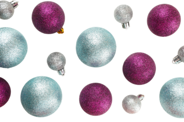Scattered blue and purple sparkling ornaments, on white, PNG