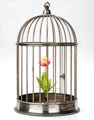 A decorative birdcage with a tulip