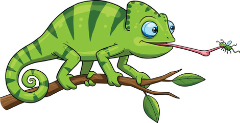 Cartoon chameleon catching insect with long tongue, sitting on tree branch, colorful lizard illustration, reptile character, funny animal design, wild jungle forest wildlife