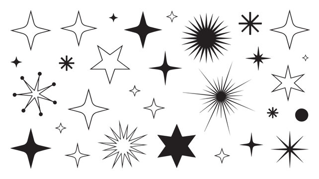 Collection of black and white starburst and star shapes perfect for adding sparkle and shine to any design project representing brightness celebration and joy