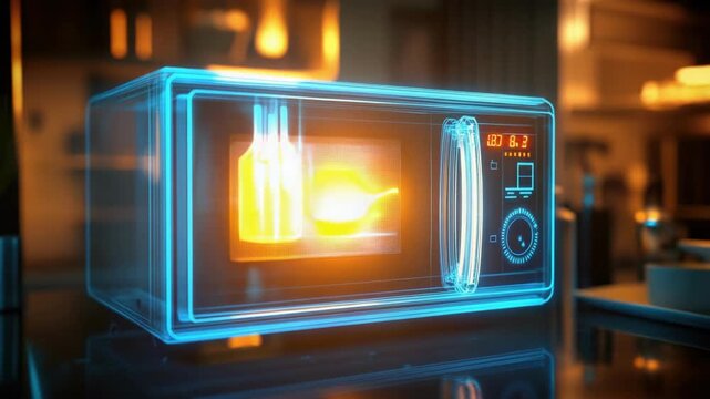 Futuristic microwave displaying advanced holographic technology in a modern kitchen