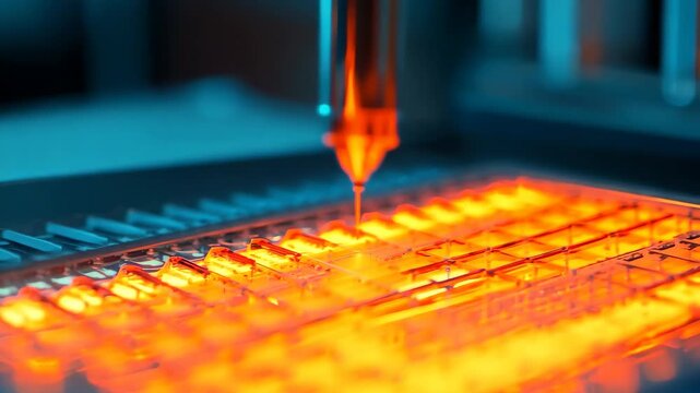 Close-up of a pipette dispensing liquid onto a microplate in a modern laboratory, showcasing precision and advanced technology in scientific research.