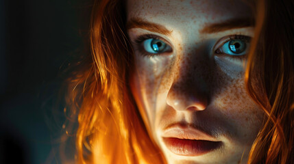 Captivating close-up of a young woman with red hair and striking blue eyes illuminated by soft light