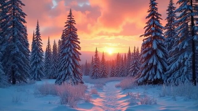 Sunset or sunrise in the winter pine forest covered with a snow