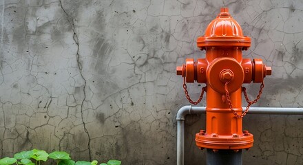 Orange Fire Hydrant Against Gray Wall.