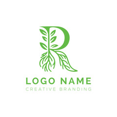 Letter R Logo with Leaves and Roots Botanical Branding