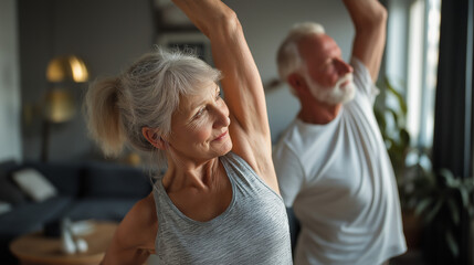 Senior couple doing yoga stretches at home