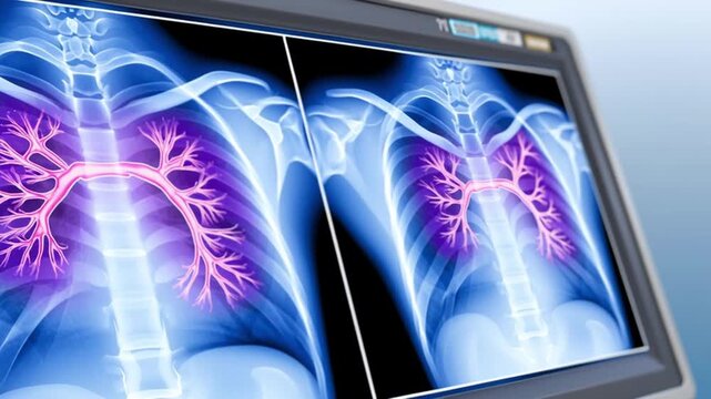 Medical x ray chest scan with detailed lung structure and bronchial tree on digital display, highlighting respiratory system anatomy for healthcare diagnostic and respiratory analysis purposes