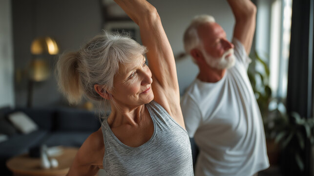 Senior couple doing yoga stretches at home