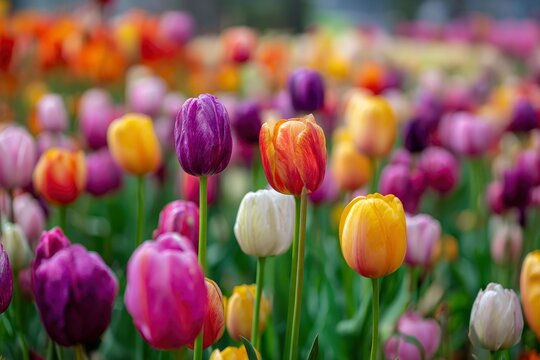 A vibrant tulip field showcases various colorspurple orange yellow pink and white