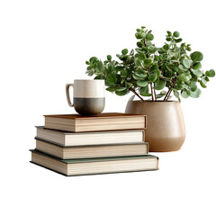 Books stack with plant and mug for reading and relaxation concept study isolated on transparent background
