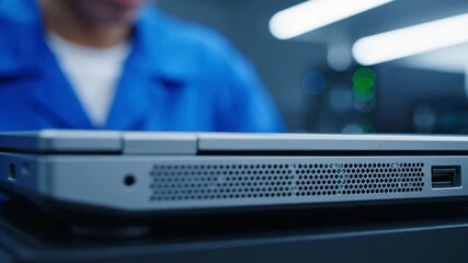 Close-up of a new laptop on a workbench with an engineer in a blue uniform assembling electronics in a modern factory setting - Powered by Adobe