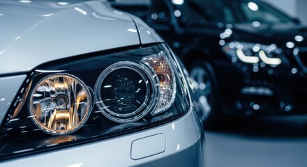 Closeup of a modern silver cars headlight with another car blurred in the background