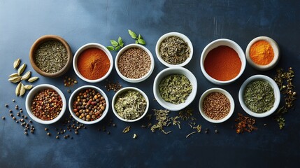 chef. An artistic arrangement of dried herbs and spices in small bowls on a dark marble surface. menu design, packaging mockups, designed for food delivery and cloud-kitchen brand materials.