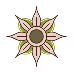 Stylized eight petal flower illustration with a central circle and layered petals in soft pink and green tones on a white background