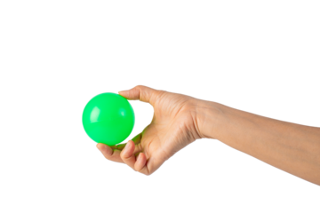 Green plastic ball in hand, transparent background
