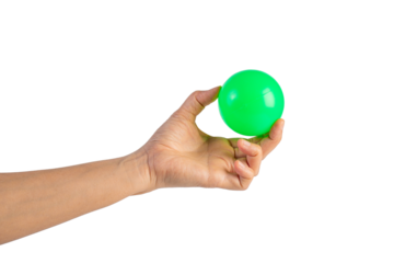 Green plastic ball in hand, transparent background