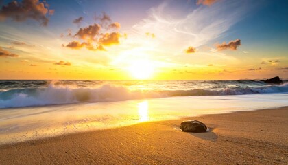 Golden Sunset Over Sandy Beach with Crashing Waves and Cloudy Sky in Tropical Paradise Scenery with Golden Light and Blue Sky with Dramatic Cloud Formations
