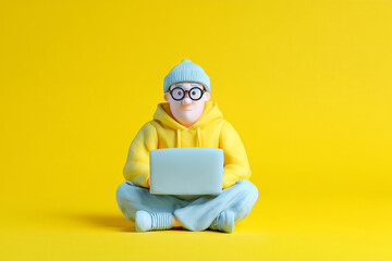 Brightly colored young man in a yellow hoodie sits on the floor, working on a laptop, surrounded by a cheerful yellow background