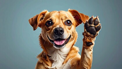 Smiling Brown Dog with Paw Raised Against a Light Blue Background