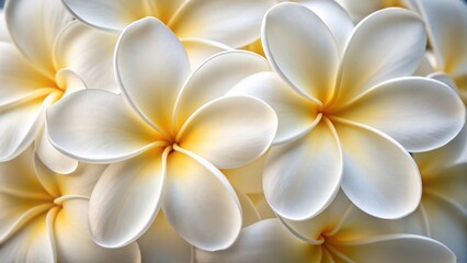 Fototapeta premium A closeup of delicate white plumeria flowers, showcasing their soft petals and subtle yellow centers in a floral display