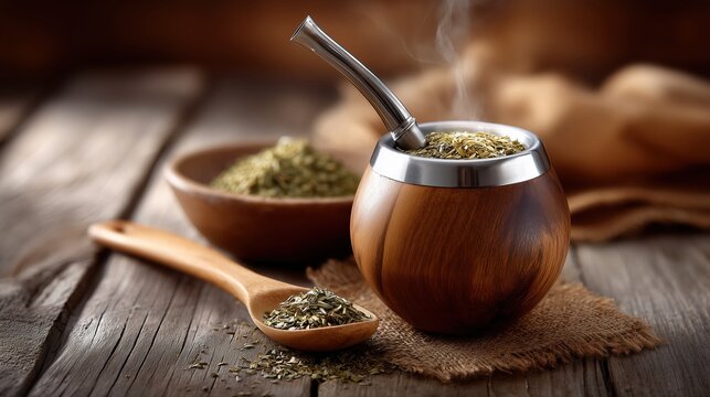 Steaming yerba mate in traditional calabash gourd with bombilla on rustic wooden table