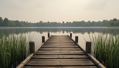 Obraz premium tranquil wooden pier extending into calm lake surrounded by marshy plants and distant treeline