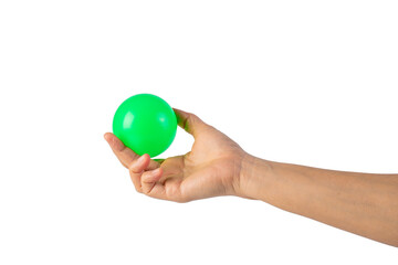 Green plastic ball in hand, transparent background