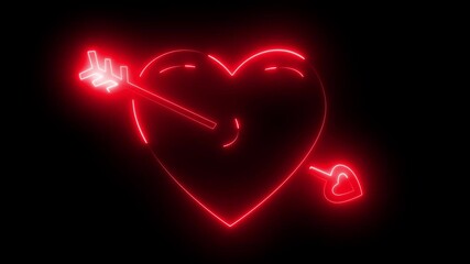 Valentines day red neon light heart with arrow animation.