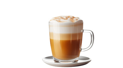 A clear glass mug filled with a layered beverage and topped with whipped cream on a white saucer