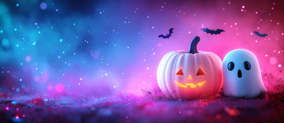 Fototapeta premium Cute Ghosts and Pumpkins on Neon Background