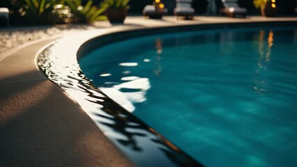 Close-up shot of swimming pool edge, with water and decking visible